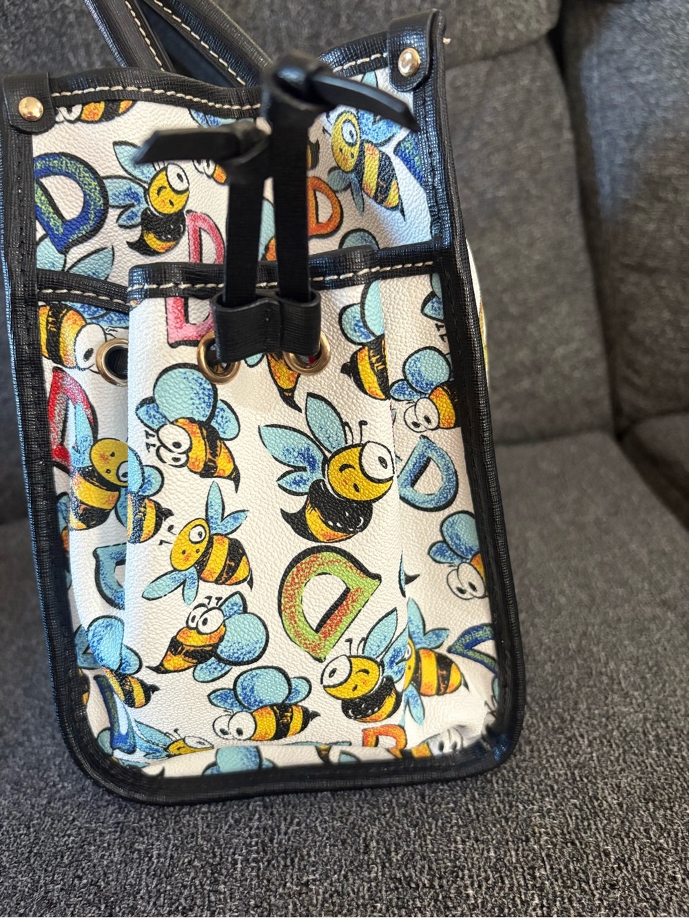 Dooney & Bourke Bee Print Tote Bag - White/Black Trim - Picture 4 of 14